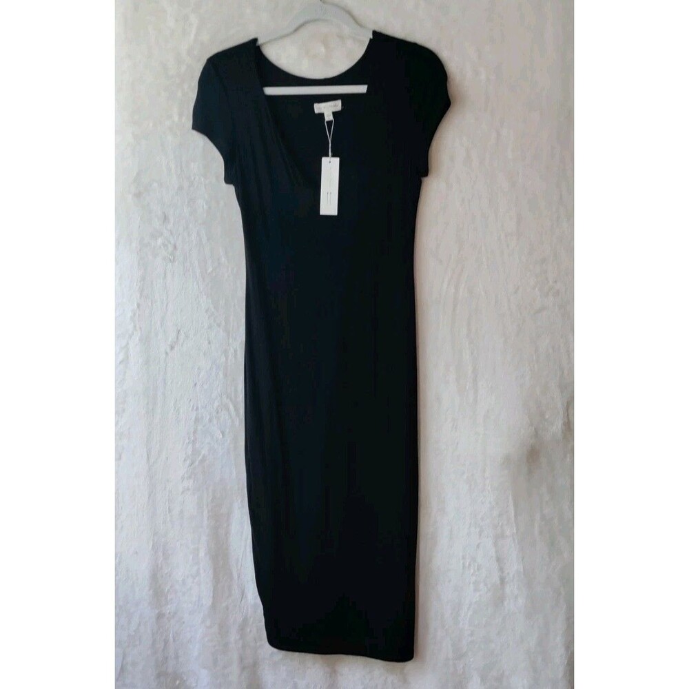 See You Monday Bodycon Midi Dress Black Stretch Cap Sleeve Lined Women's Sz L - Picture 7 of 16